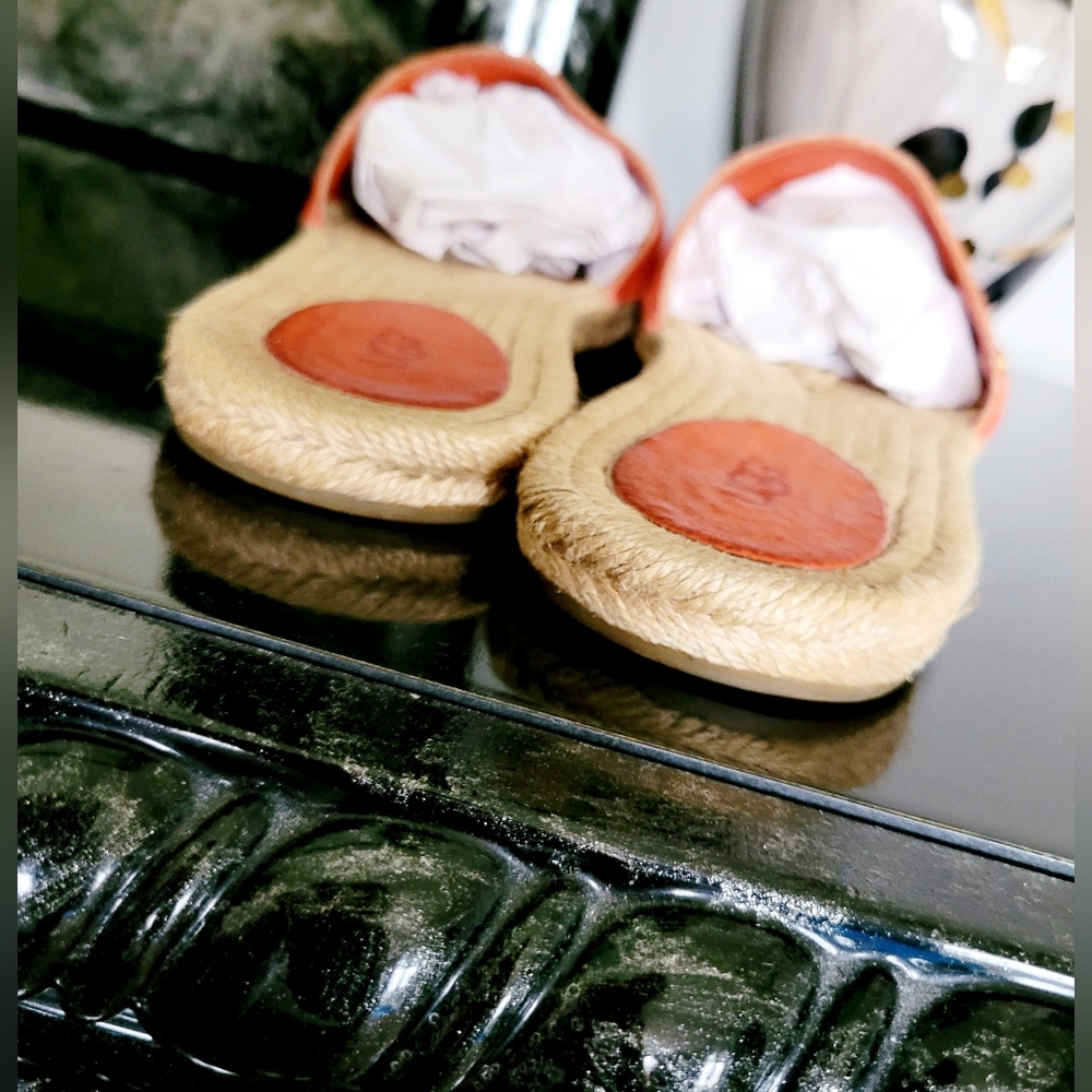 UGG Cherry Exotic Genuine Leather/Jute Espadrille Flat Slide Sandals Salmon 10 - Picture 9 of 16